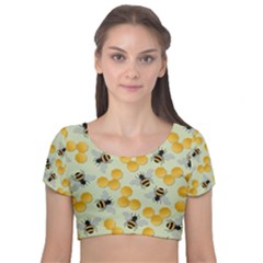 Bees Pattern Honey Bee Bug Honeycomb Honey Beehive Velvet Short Sleeve Crop Top  by Bedest