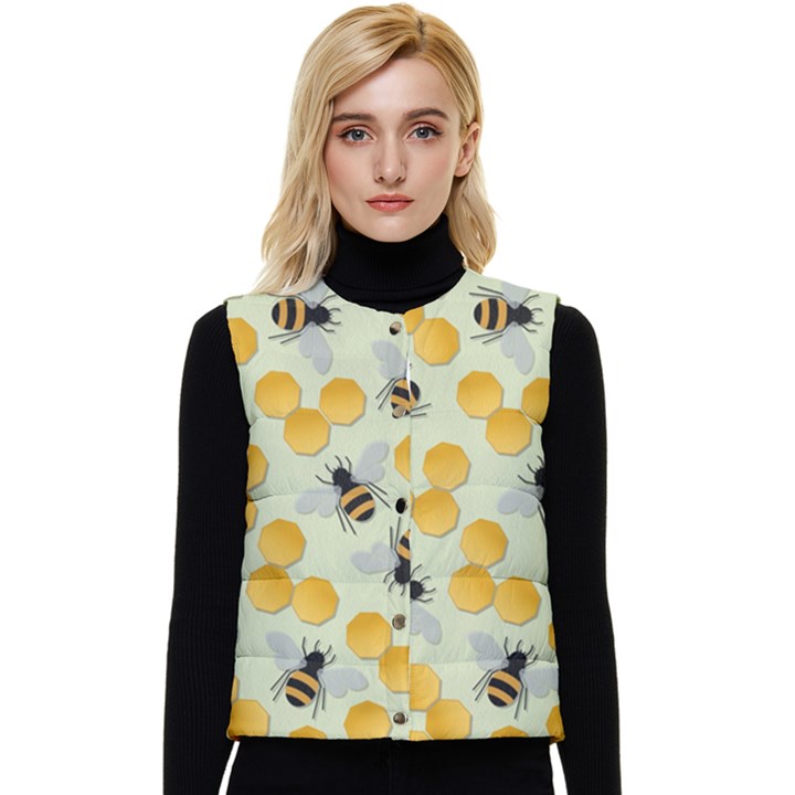 Bees Pattern Honey Bee Bug Honeycomb Honey Beehive Women s Button Up Puffer Vest