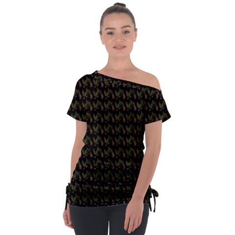 Fern Pattern 2 Black Off Shoulder Tie-up T-shirt by snowwhitegirl