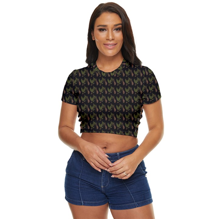 Fern Pattern 2 Black Side Button Cropped T-Shirt