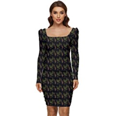 Fern Pattern 2 Black Women Long Sleeve Ruched Stretch Jersey Dress by snowwhitegirl