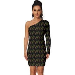 Fern Pattern 2 Black Long Sleeve One Shoulder Mini Dress by snowwhitegirl