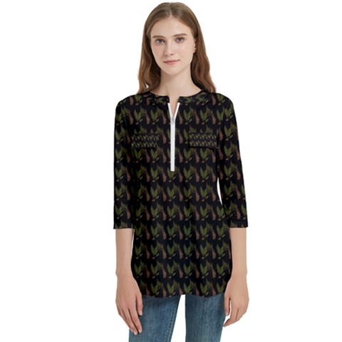 Fern Pattern 2 Black Women s Zip Front V-neck 3/4 Sleeve Casual Top Pocket Shirt by snowwhitegirl