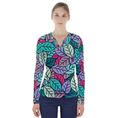 Pattern Leaves Background Nature V-neck Long Sleeve Top by Proyonanggan