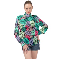 Pattern Leaves Background Nature High Neck Long Sleeve Chiffon Top by Proyonanggan