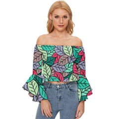 Pattern Leaves Background Nature Off Shoulder Flutter Bell Sleeve Top