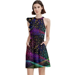 Particles Waves Line Multicoloured Cocktail Party Halter Sleeveless Dress With Pockets