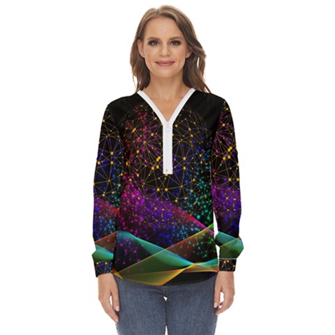 Particles Waves Line Multicoloured Zip Up Long Sleeve Blouse by Proyonanggan