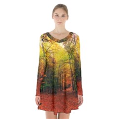 Forest Woods Autumn Nature Long Sleeve Velvet V-neck Dress