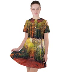 Forest Woods Autumn Nature Short Sleeve Shoulder Cut Out Dress  by Proyonanggan