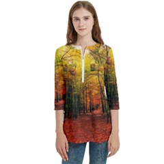 Forest Woods Autumn Nature Women s Zip Front V-neck 3/4 Sleeve Casual Top Pocket Shirt