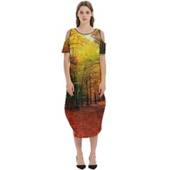 Forest Woods Autumn Nature Cold Shoulder Loose Fit Dress With Pockets