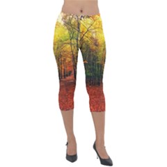 Forest Woods Autumn Nature Lightweight Velour Capri Leggings  by Proyonanggan