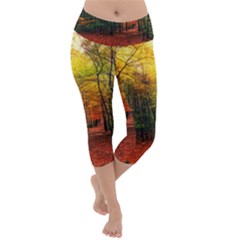 Forest Woods Autumn Nature Lightweight Velour Capri Yoga Leggings by Proyonanggan