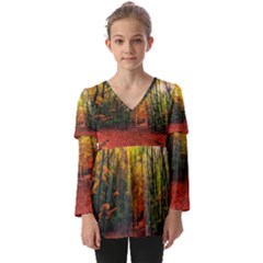 Forest Woods Autumn Nature Kids  V Neck Casual Top by Proyonanggan