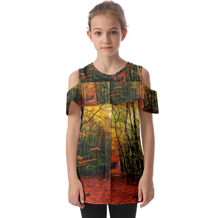 Forest Woods Autumn Nature Fold Over Open Sleeve Top