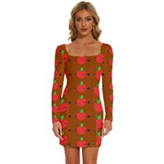 Apple Arrow Pattern Design Drawing Long Sleeve Square Neck Bodycon Velvet Dress by Proyonanggan