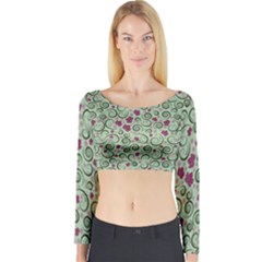 Swirls Foliage Leaves Green Long Sleeve Crop Top by Proyonanggan