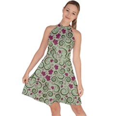 Swirls Foliage Leaves Green Sleeveless Halter Neck A-line Dress by Proyonanggan