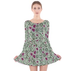 Swirls Foliage Leaves Green Long Sleeve Velvet Skater Dress