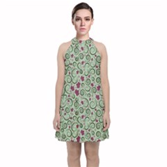 Swirls Foliage Leaves Green Velvet Halter Neckline Dress 