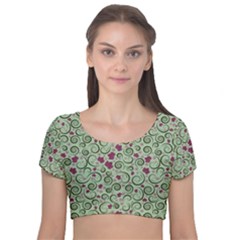 Swirls Foliage Leaves Green Velvet Short Sleeve Crop Top  by Proyonanggan