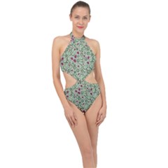 Swirls Foliage Leaves Green Halter Side Cut Swimsuit by Proyonanggan