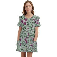 Swirls Foliage Leaves Green Kids  Frilly Sleeves Pocket Dress