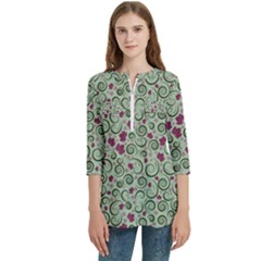 Swirls Foliage Leaves Green Women s Zip Front V-neck 3/4 Sleeve Casual Top Pocket Shirt