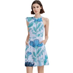 Flowers Petals Bloom Cocktail Party Halter Sleeveless Dress With Pockets