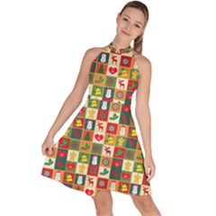 Template Christmas Pattern Sleeveless Halter Neck A-line Dress