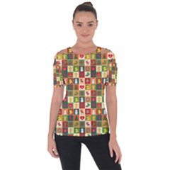 Template Christmas Pattern Shoulder Cut Out Short Sleeve Top