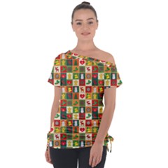 Template Christmas Pattern Off Shoulder Tie-up T-shirt