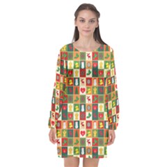 Template Christmas Pattern Long Sleeve Chiffon Shift Dress 