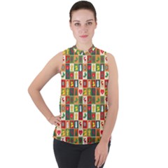 Template Christmas Pattern Mock Neck Chiffon Sleeveless Top