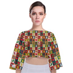 Template Christmas Pattern Tie Back Butterfly Sleeve Chiffon Top