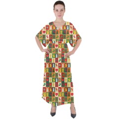 Template Christmas Pattern V-neck Boho Style Maxi Dress