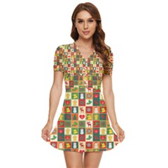 Template Christmas Pattern V-neck High Waist Chiffon Mini Dress