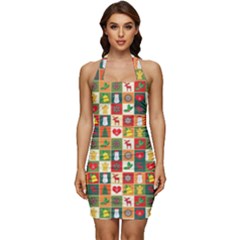 Template Christmas Pattern Sleeveless Wide Square Neckline Ruched Bodycon Dress