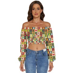 Template Christmas Pattern Long Sleeve Crinkled Weave Crop Top