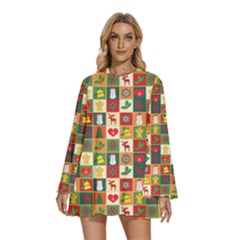 Template Christmas Pattern Round Neck Long Sleeve Bohemian Style Chiffon Mini Dress