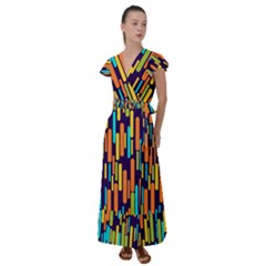 Illustration Abstract Line Flutter Sleeve Maxi Dress