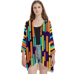 Illustration Abstract Line Open Front 3/4 Sleeve Batwing Chiffon Cardigan Kimono by anzea