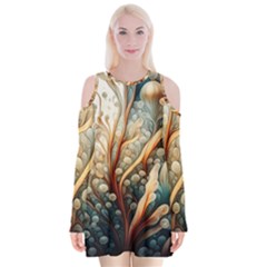 Undersea Dreams Saltwater Ocean Velvet Long Sleeve Shoulder Cutout Dress by Apenda