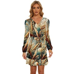 Undersea Dreams Saltwater Ocean Long Sleeve Waist Tie Ruffle Velvet Dress by Apenda