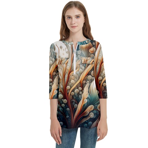 Undersea Dreams Saltwater Ocean Women s Zip Front V-neck 3/4 Sleeve Casual Top Pocket Shirt by Apenda