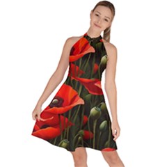 Flowers Poppies Bloom Blossom Art Sleeveless Halter Neck A-line Dress by Apenda