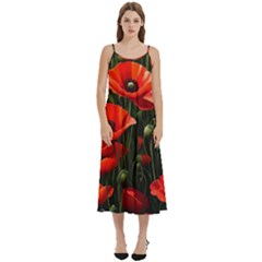 Flowers Poppies Bloom Blossom Art Casual Spaghetti Strap Midi Dress by Apenda