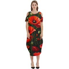 Flowers Poppies Bloom Blossom Art Cold Shoulder Loose Fit Dress With Pockets by Apenda