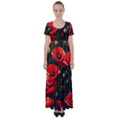 Flowers Poppies Bloom Blossom Art High Waist Short Sleeve Maxi Dress by Apenda